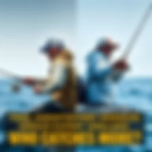 A side-by-side view of a tool-assisted angler using modern fishing gear and an expert angler with traditional equipment, both casting lines into the water, showcasing the debate between the two method...
