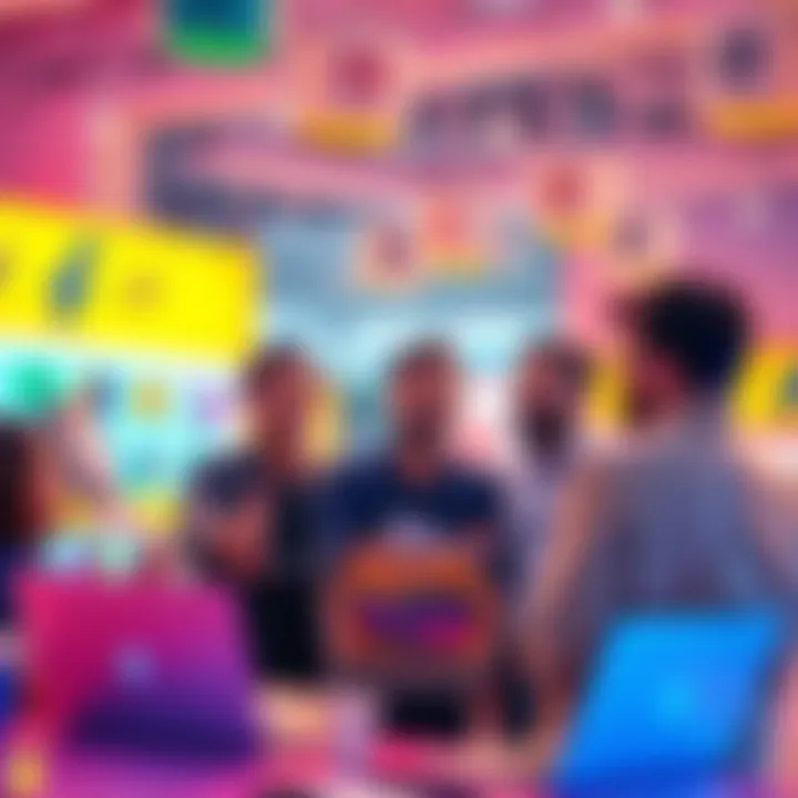 A group of people discussing team formation for Flipkart Grid 8.0 in a vibrant setting with laptops and shopping elements around.