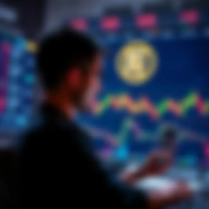 A person analyzing cryptocurrency charts with Floki logo in the background