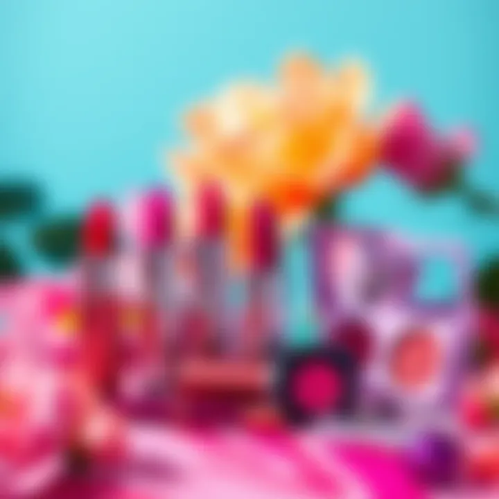 Colorful makeup products from the Flower Knows Collection including lipsticks and eyeshadows on display