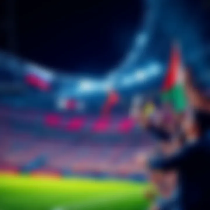 Group of fans cheering for their teams with flags and banners in a stadium