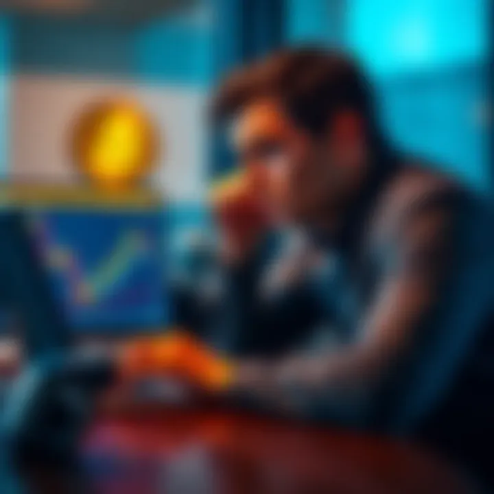 Former Bitcoin Investor Reflecting on Skepticism A thoughtful person sits at a table, looking at a laptop screen displaying a Bitcoin chart, showing frustration and contemplation about cryptocurrency's future.