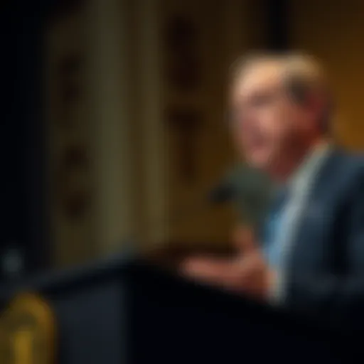 A former CFTC chair speaking at a podium about the need for clear cryptocurrency regulations for banks
