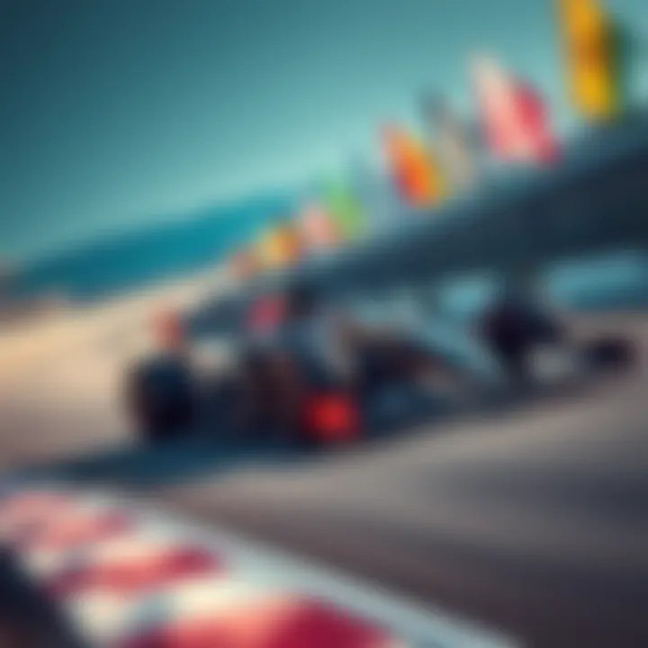 A Formula 1 car racing at high speed on a race track with colorful flags in the background