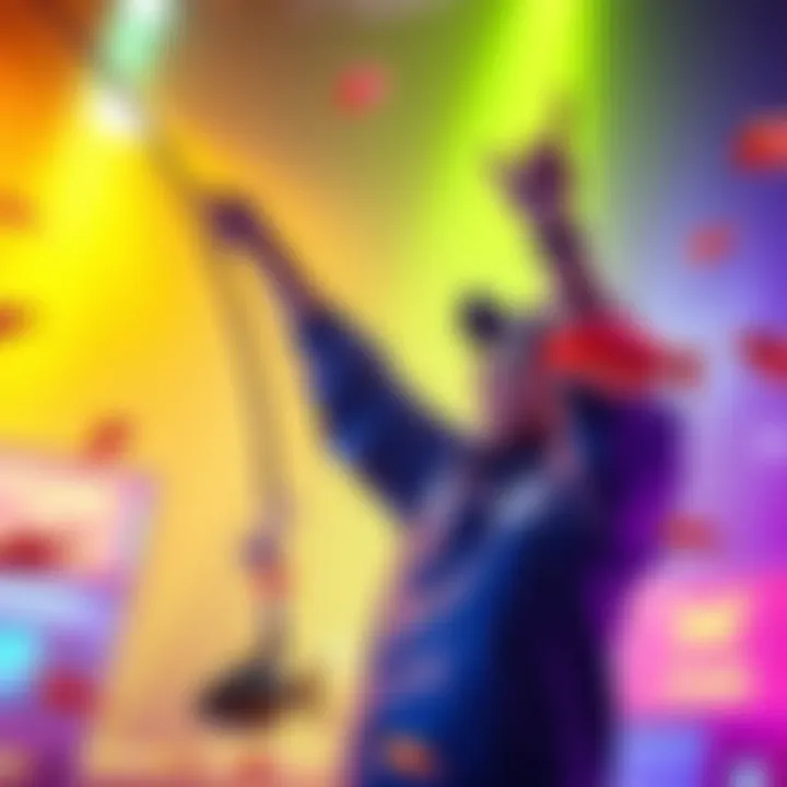 Fortune Fishing Game Victory A person celebrating their victory in the Fortune Fishing game with a fishing rod and fish graphics around them.