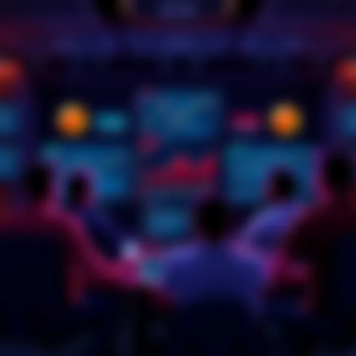 Forum discussion on cryptocurrency A group of people discussing cryptocurrency trends in an online forum setup, with screens displaying fluctuating market graphs and chat messages.