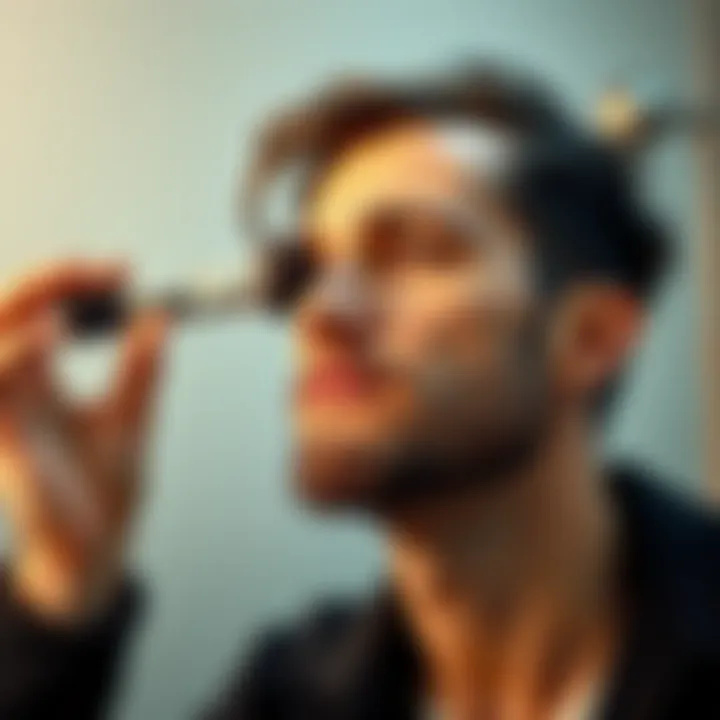 A person carefully applying foundation over their beard shadow for a smooth finish