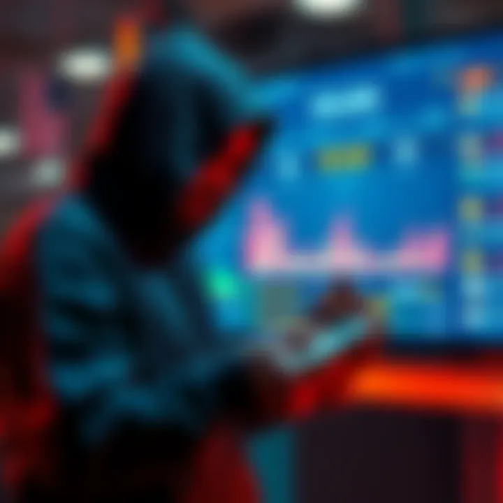 Fraudster Taking Cash from Memecoins A person in a hooded sweatshirt, counting cash while standing near a digital screen displaying memecoins on the Solana chain