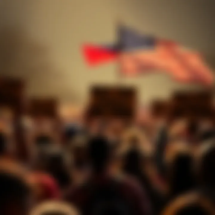 A diverse group of people holding signs that call for freedom and justice in America at a rally, with the American flag waving in the background.