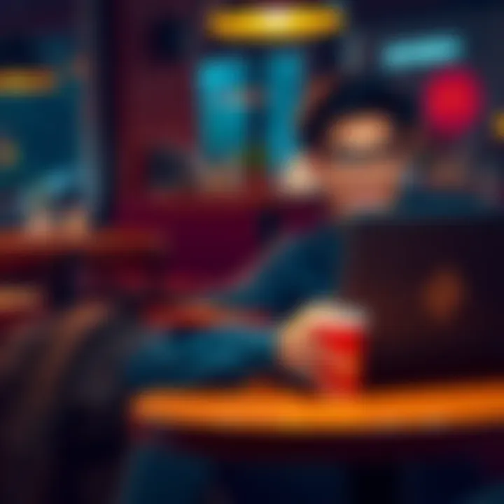 A freelancer happily checks their laptop, showing Monero payment notification on the screen while sitting at a coffee shop.