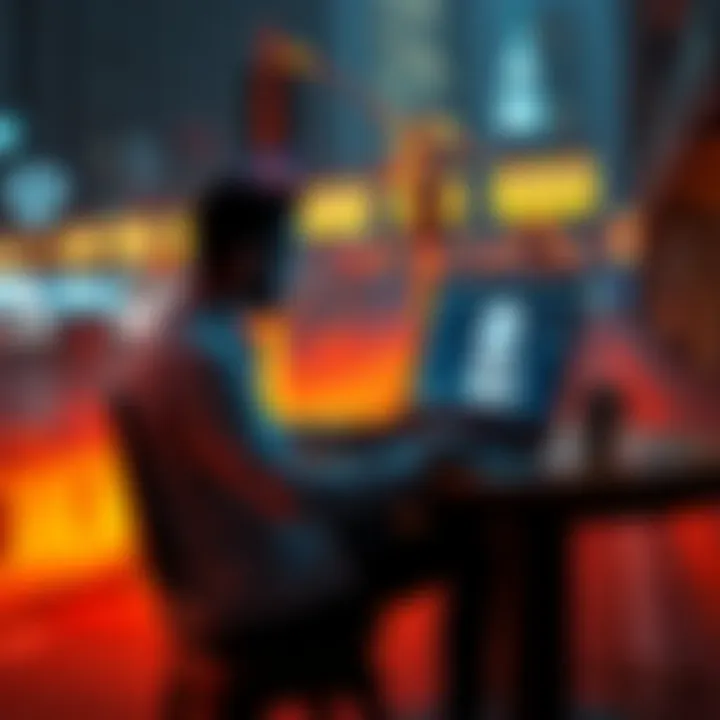 A freelancer sitting at a desk, focused on their laptop with a digital workspace displayed on the screen, symbolizing the concept of a decentralized gig platform.