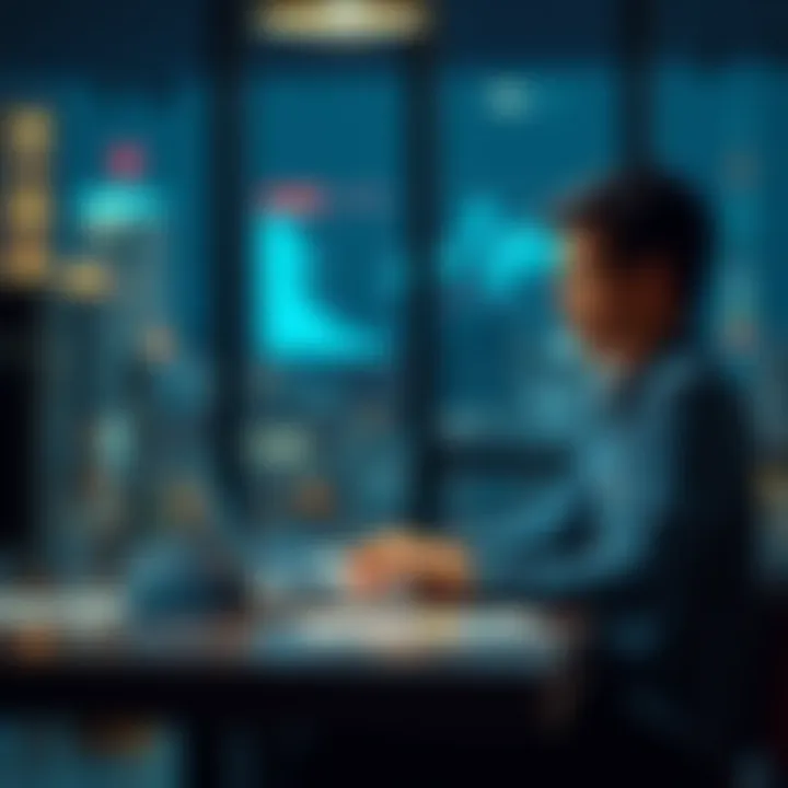 A person sitting at a table with a laptop, looking at financial charts and weighing options between freelance income and job stability in Indonesia