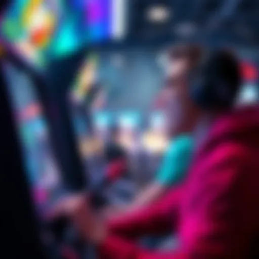 A player focused on an arcade game, showing excitement and concentration while engaging with the screen.