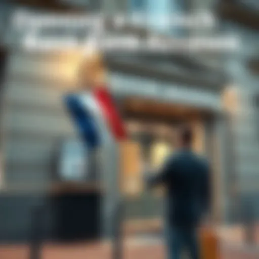 A person holding a French flag next to a bank building with a sign indicating banking services in France.