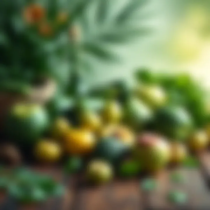 A variety of green fruits and vegetables including apples, avocados, and leafy plants on a rustic wooden table.
