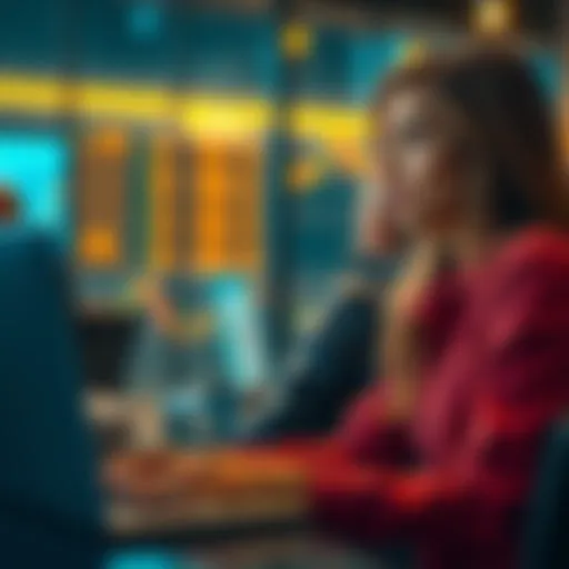 Friend discussing Bitcoin investment A woman looks concerned while talking to her friend about Bitcoin and investment fees, with a laptop showing cryptocurrency charts in the background.