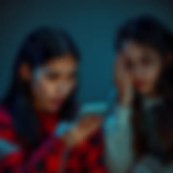 A concerned person holding a phone with a shocked expression while looking at disturbing photos, with a worried friend nearby