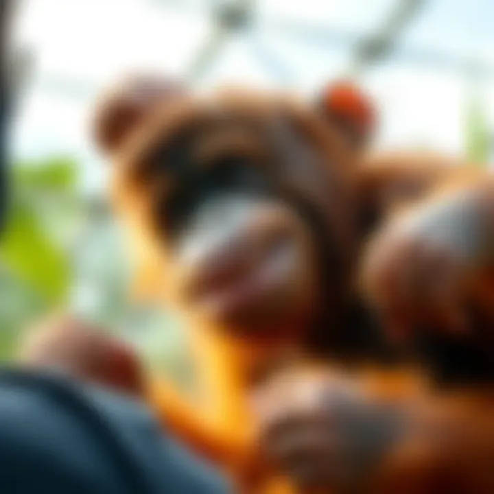 Friendly Orangutan with a Smile An orangutan playfully interacting with a person, showcasing its gentle nature and friendly demeanor.
