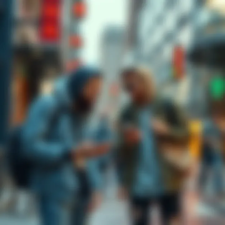 Two friends discussing stocks on the street, showing casual street style and playful expressions.