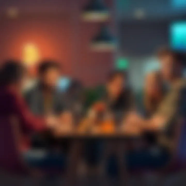 A group of friends sitting around a table, talking about Bitcoin investments with mixed expressions of concern and curiosity.
