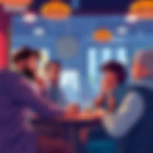 A group of friends talking about Kaspa and cryptocurrencies at a coffee shop, showcasing varied reactions