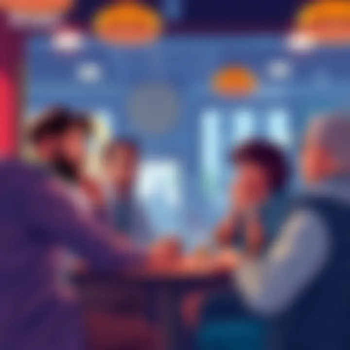 A group of friends talking about Kaspa and cryptocurrencies at a coffee shop, showcasing varied reactions