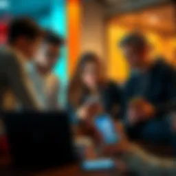 A group of friends discussing cryptocurrency, looking at a laptop and mobile devices. One friend is showing a self-custodial wallet app on their phone.