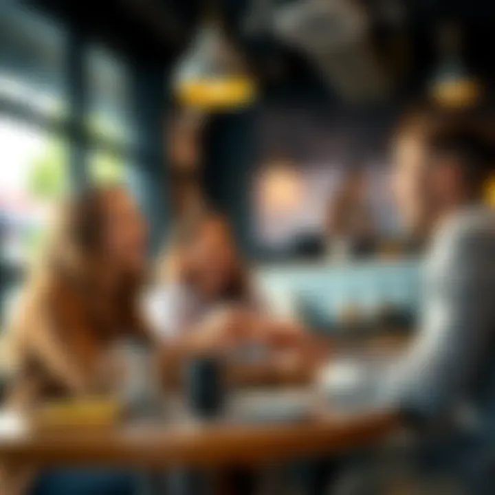 Friends discussing Bitcoin profits Group of friends excitedly talking about Bitcoin gains at a coffee shop