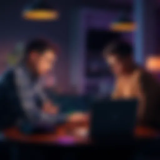 A group of friends gathered around a table, looking at Bitcoin charts on a laptop, discussing investment strategies during price drops.