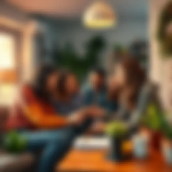 Group of friends brainstorming and supporting each other in a cozy workspace for a new project