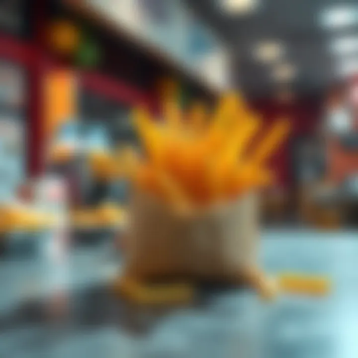A bag filled with crispy fries sitting on a fast-food table