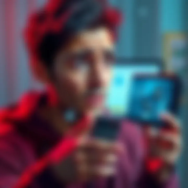 A person frustrated with their bank account status, showing a screen with a frozen account notification and a concerned expression.