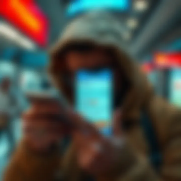 A stressed traveler looks at their phone showing a bank app with a frozen account message and an unavailable balance of €8000.