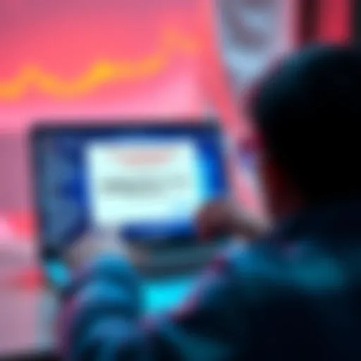 A frustrated person looking at their laptop with a frozen Coinbase account screen, showing a message about account restrictions.