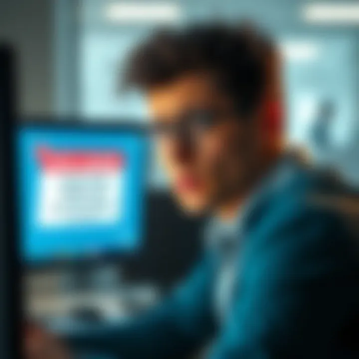 A small business owner looks worried while staring at a computer screen showing a message about frozen funds and account closure from Revolut Business.