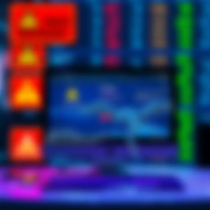 A visual representation of a neobank account frozen with signs of alerts and caution. A computer screen displays a warning message about account status with a background of financial transactions.