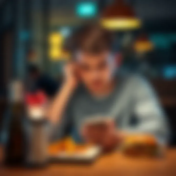 Frustrated person waiting for food delivery A person sits at a table looking frustrated while checking their phone for food delivery updates.