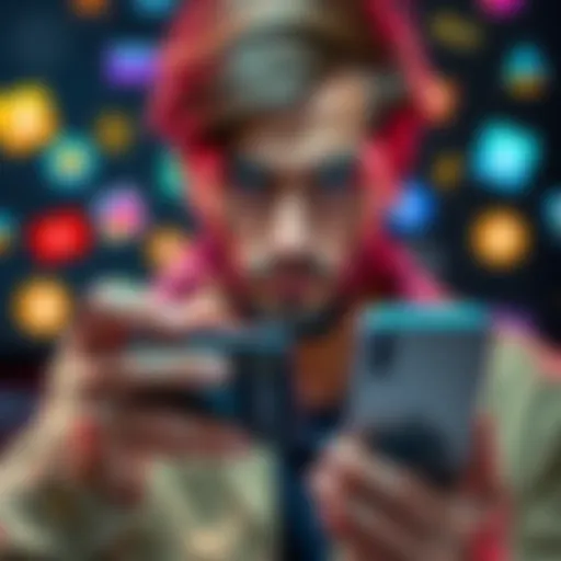 A person looking frustrated while holding a Ledger device and smartphone, surrounded by cryptocurrency app icons