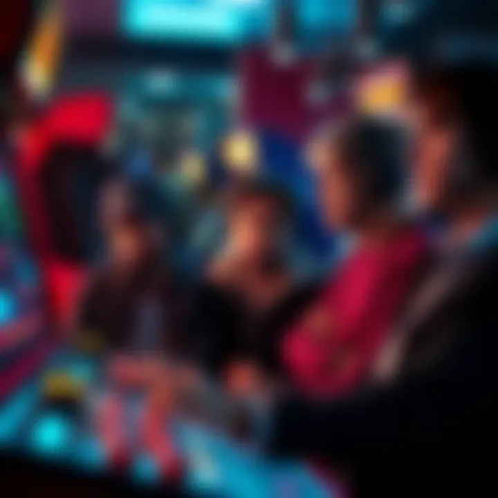 A group of frustrated arcade players talking about poor support from Playtime, with arcade machines in the background