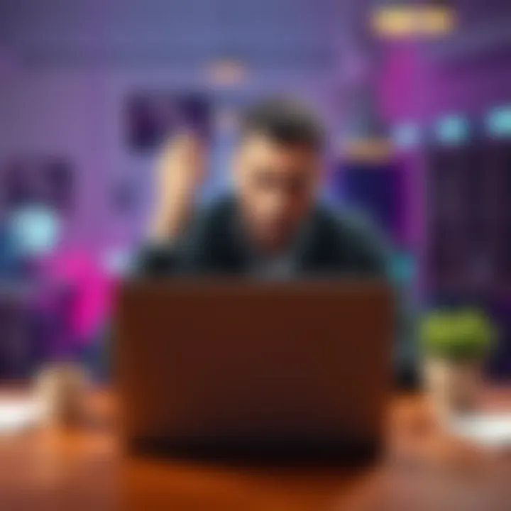 A frustrated business owner sits at a desk with a laptop, looking concerned about their frozen funds in a financial app.