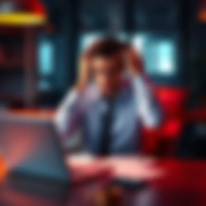 A frustrated business person sitting at a desk with a closed laptop and paperwork, showing disappointment over a closed account.