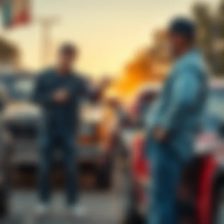 A buyer stands next to a 23-year-old used car, pointing out visible flaws while looking frustrated, with a seller dismissively standing nearby.