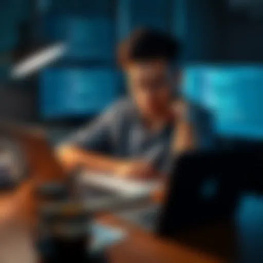 A person sitting at a desk, looking frustrated while coding on a laptop, with notes and coffee beside them