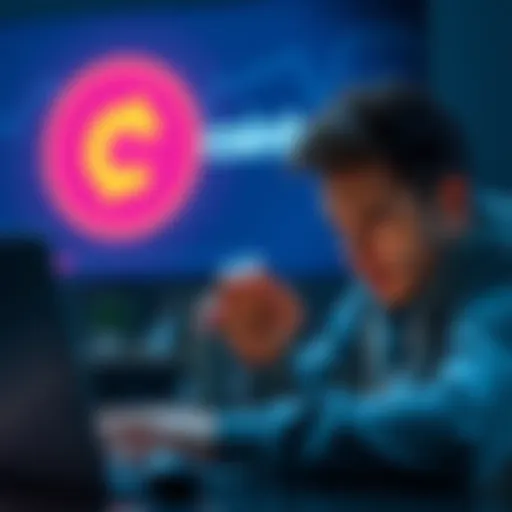 A person looking stressed while checking their bank account on a laptop with a Coinbase logo in the background