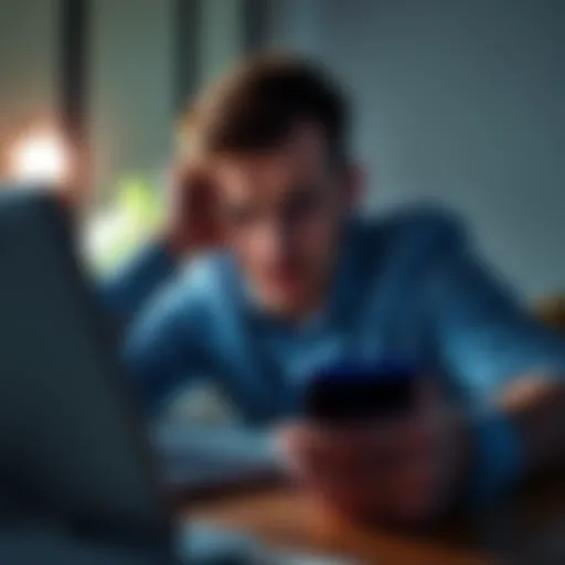 A person looking frustrated while staring at a locked Coinbase account on a laptop screen, with a smartphone nearby showing a support ticket.