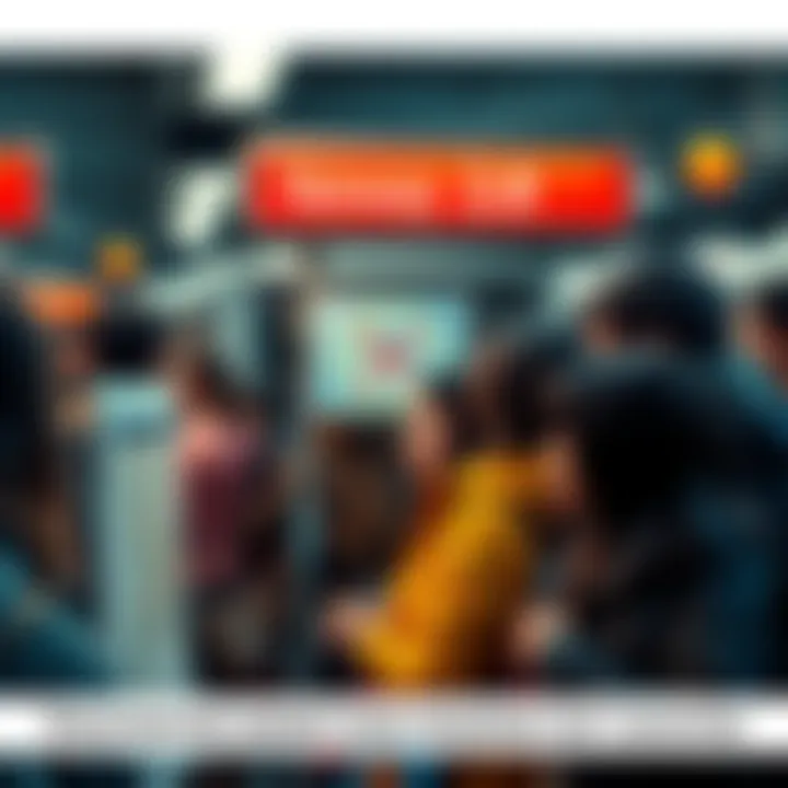 Crowd of commuters looking at a subway map with expressions of frustration over missing location