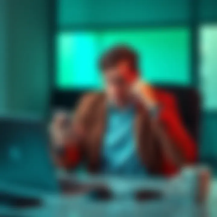 An angry customer sitting in front of a laptop, looking stressed while holding a phone, displaying frustration over blocked transactions.