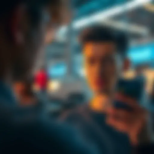 A person looking concerned while checking their mobile banking app, showing a blocked account message on the screen