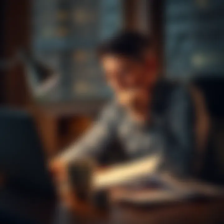 A frustrated customer sitting at a desk with a laptop, showing dissatisfaction as they deal with a chargeback issue, surrounded by documents and a coffee cup.