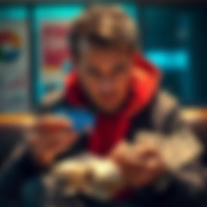 Customer looking distressed while holding a Curve card, surrounded by unpaid bills